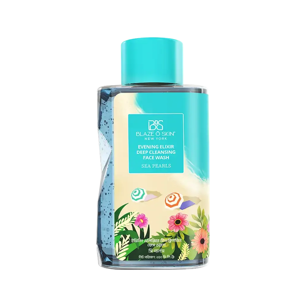 Face wash bottle with turquoise cap and floral design on the label.