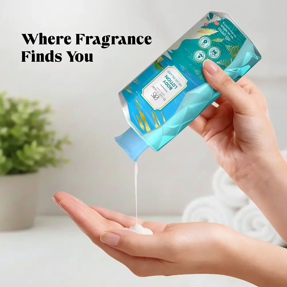 Person pouring lotion from a blue bottle onto their palm in a bathroom setting.