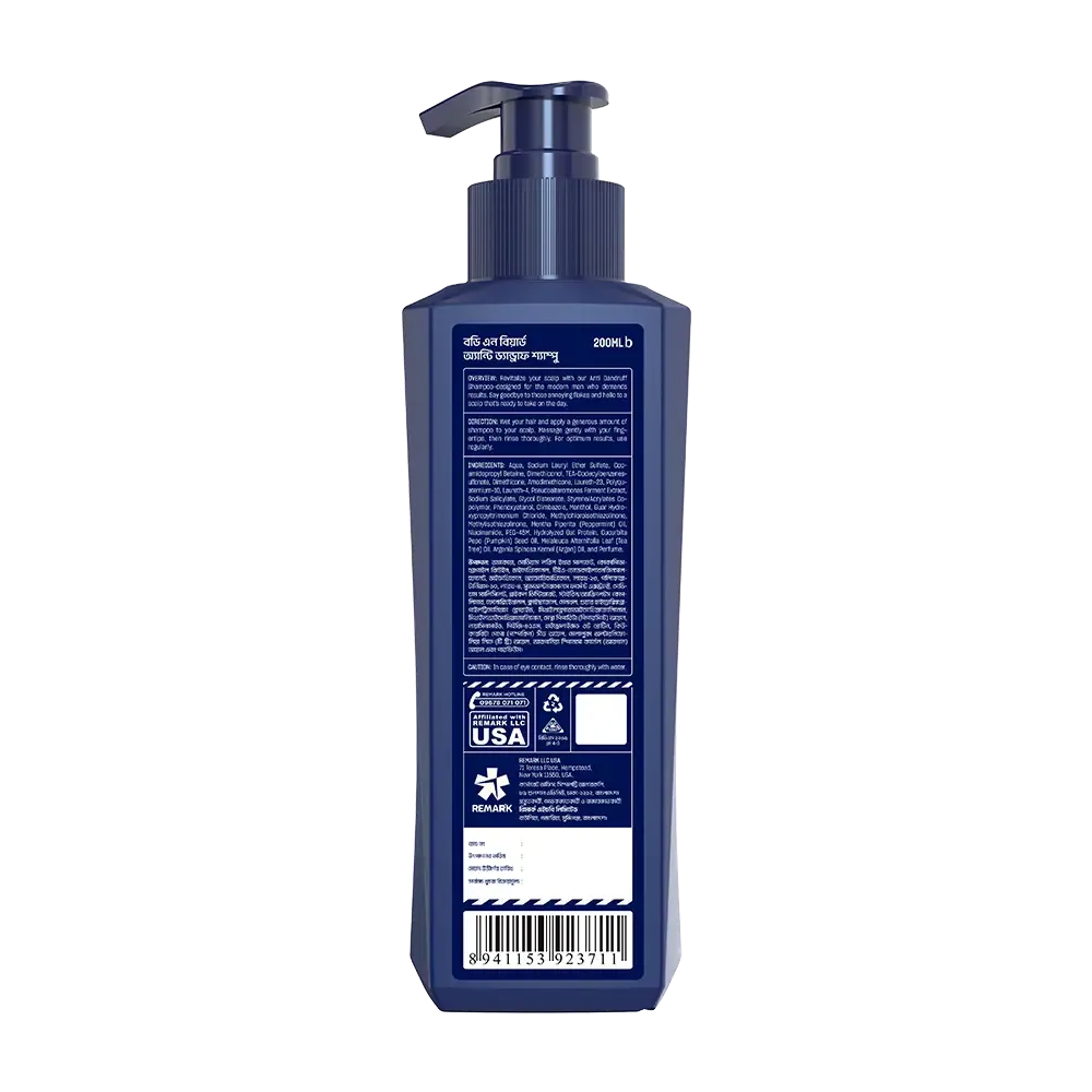 Back of a dark blue plastic pump bottle with white label and text.