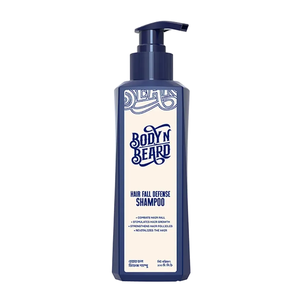 Blue rectangular bottle with pump dispenser labeled "BodynBeard Hair and Beard Shampoo".