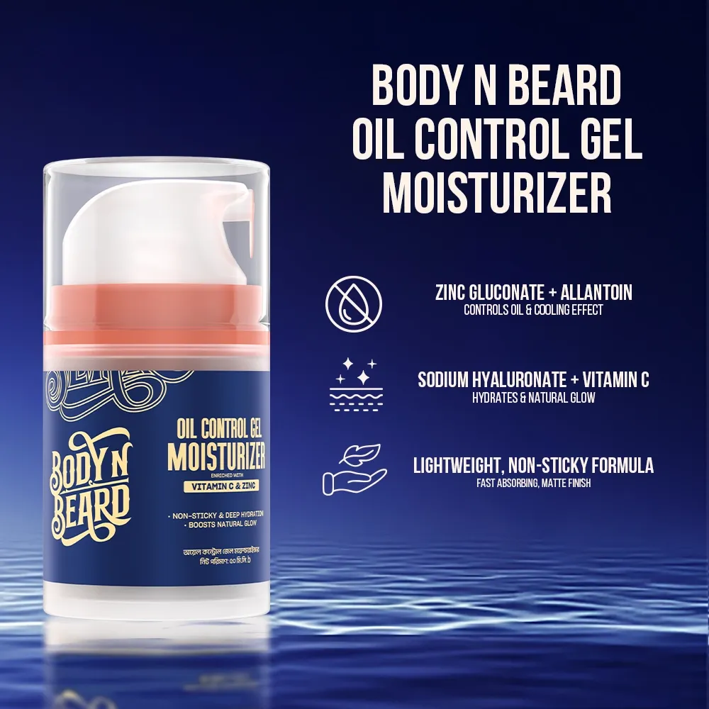 Body N Beard oil control gel moisturizer bottle with product details on a blue background.