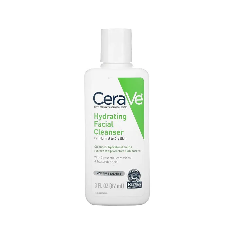 CeraVe Hydrating Facial Cleanser bottle with green and blue label on white background.