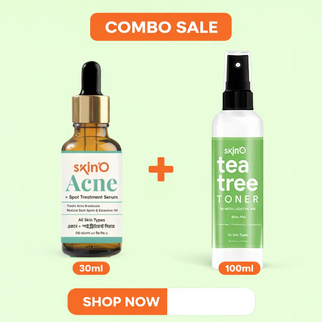 SkinO acne serum and tea tree toner combo on light green background.