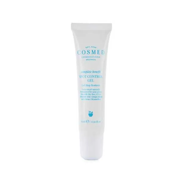 White skincare product tube with blue text on a plain background.