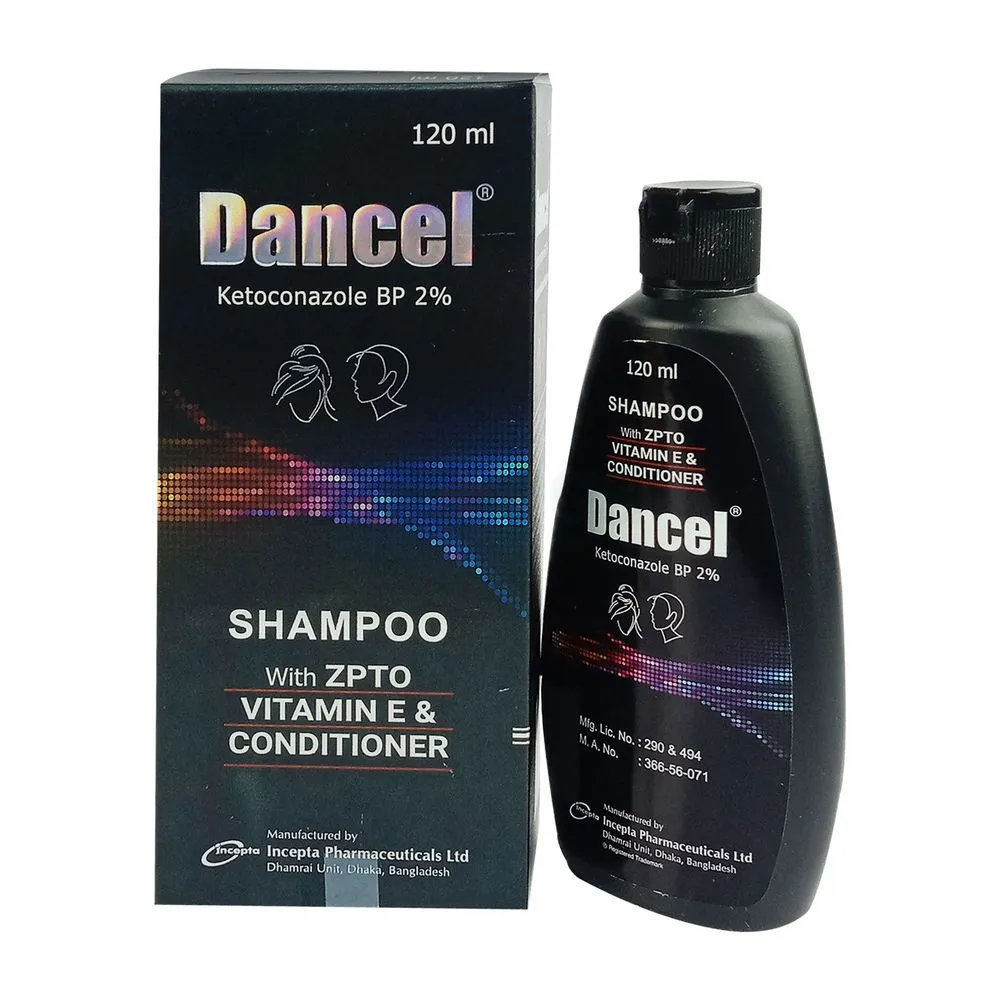 Dancel shampoo bottle and box with colorful design and product details.