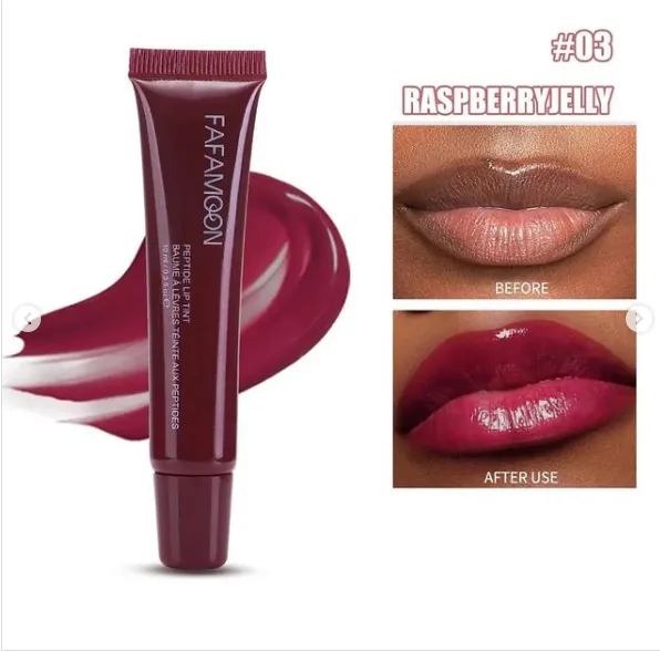 Tube of raspberry jelly lip gloss with before and after results on lips.