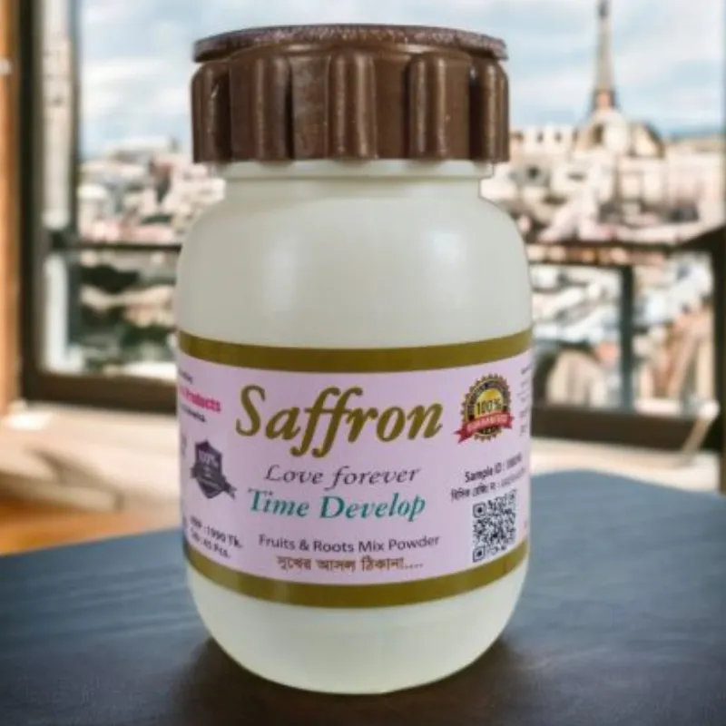 Plastic jar labeled "Saffron" on a table with a cityscape visible in the background.