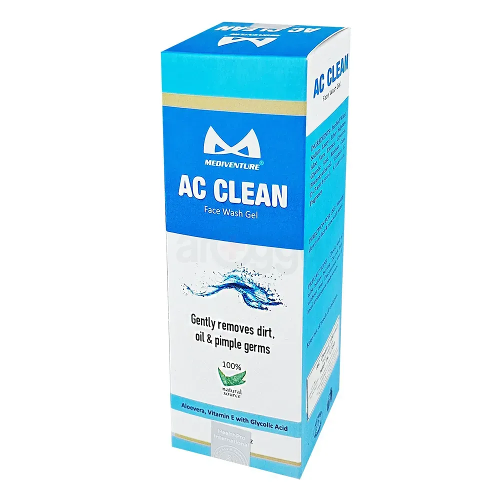 Blue and white AC Clean gel wash box packaging with logo and product information.