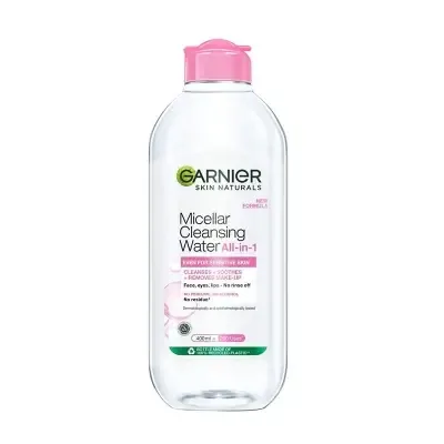 Garnier Micellar Cleansing Water bottle with pink cap on white background.