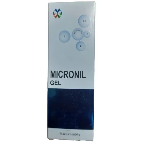 Micronil Gel product packaging with blue and white design and bubble graphics.