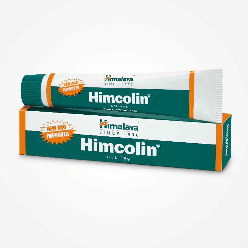 Himcolin gel tube and box with teal and white packaging, brand logo visible.