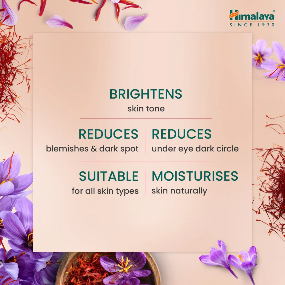 Himalaya logo with saffron flowers and benefits of a skincare product on a beige background.