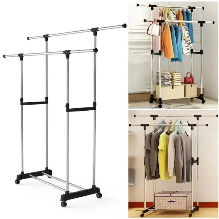 Adjustable double garment rack on wheels, shown empty and with clothes hanging in a closet.