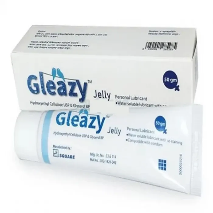 Tube and box of Gleazy Jelly personal lubricant on a white background.