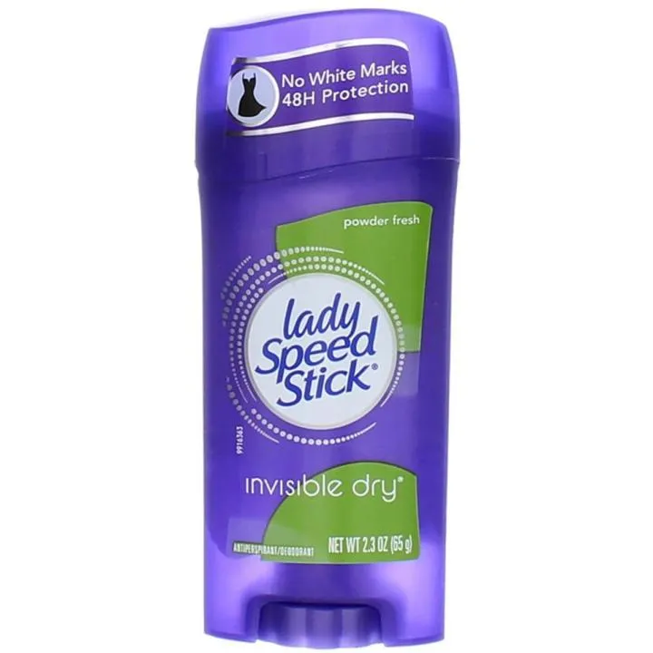 Lady Speed Stick Invisible Dry deodorant in a purple plastic container.