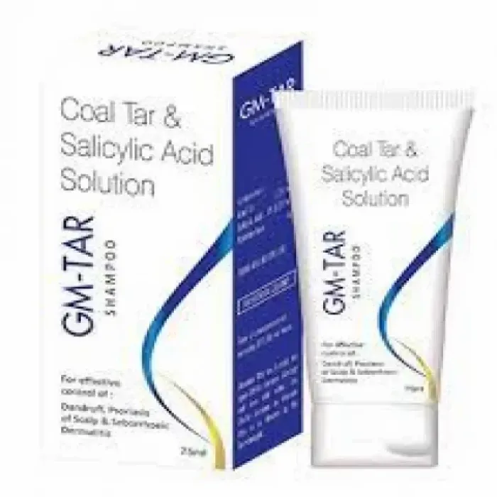 GM-TAR shampoo tube and box with blue and yellow curved design.