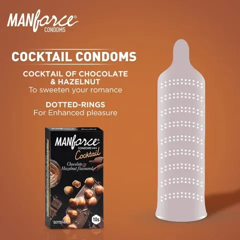 Manforce Cocktail Condoms box with chocolate and hazelnuts, next to a dotted-texture condom.