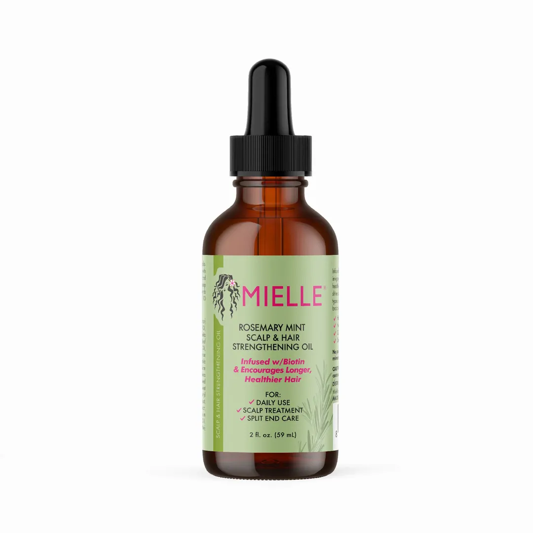 Mielle rosemary mint scalp and hair strengthening oil bottle with dropper cap.