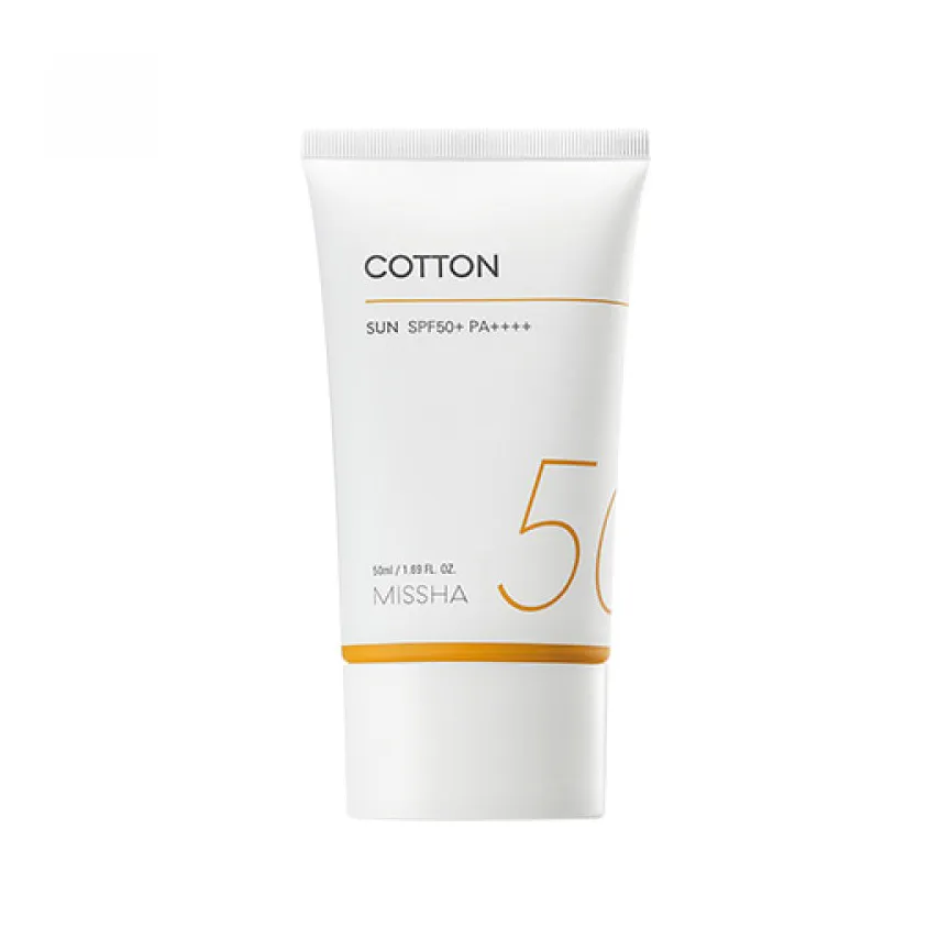 White tube of Missha Cotton sunscreen with orange and black text.