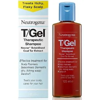 Neutrogena T/Gel Therapeutic Shampoo bottle and packaging with blue and yellow accents.