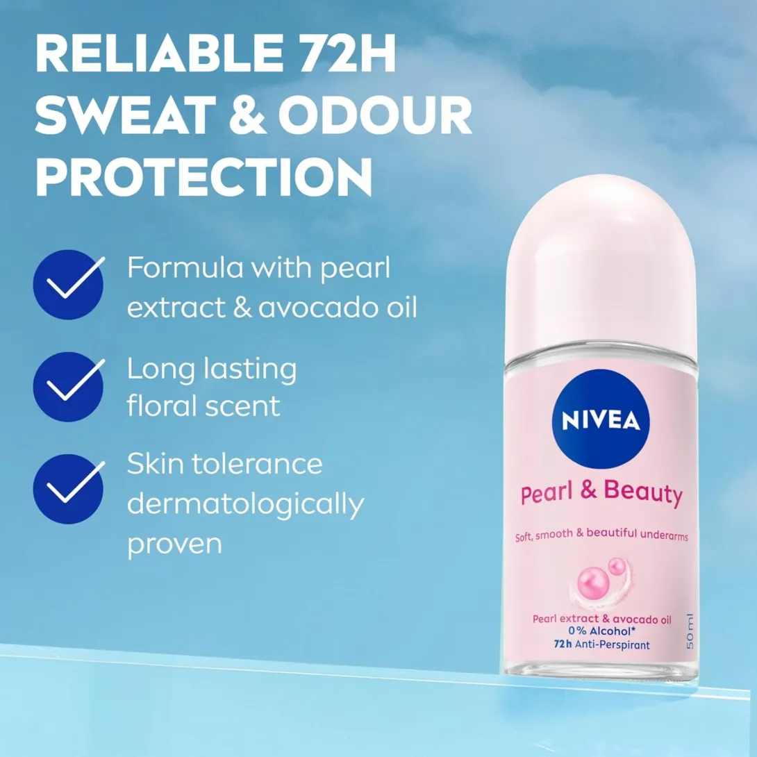 Nivea Pearl & Beauty roll-on deodorant on a blue background with product benefits listed.
