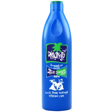 Blue Parachute coconut oil bottle with green cap and white graphics on the label.