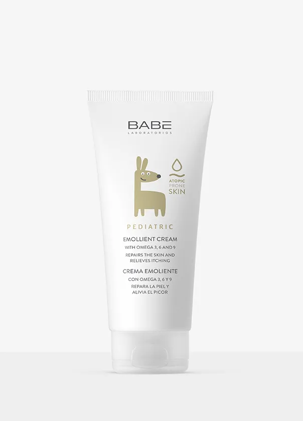 White tube of BABE pediatric moisturizing cream with minimalist animal illustration.