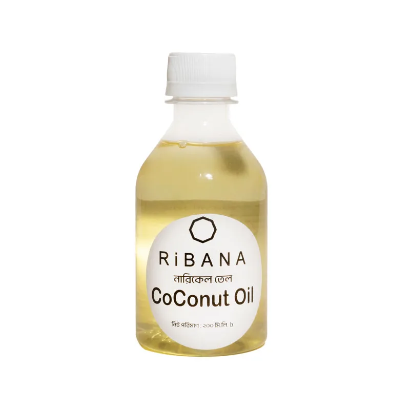 Clear plastic bottle of Ribana coconut oil with a white label and cap.