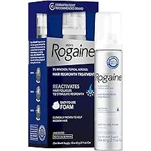 Men's Rogaine hair regrowth treatment foam with box and product canister.