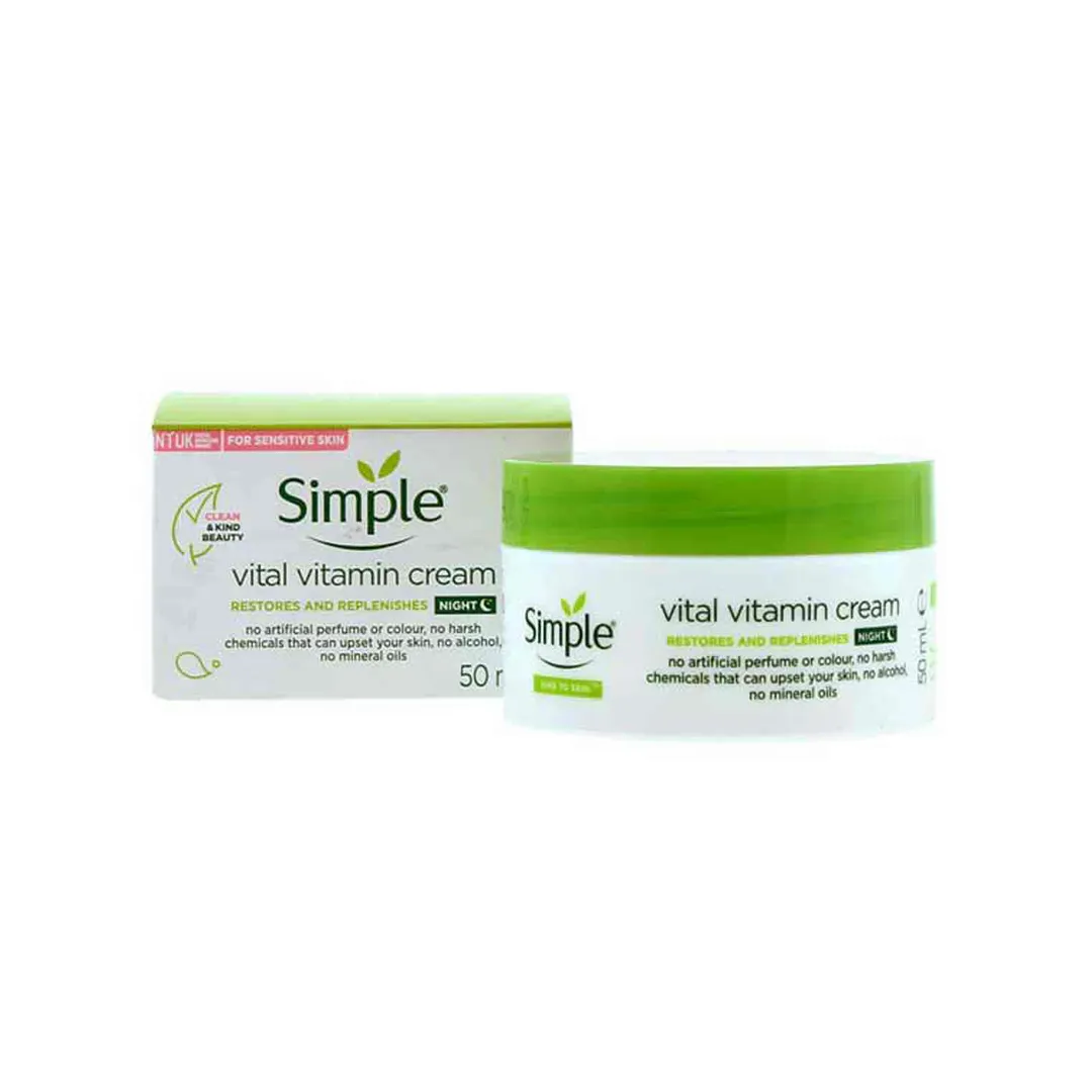 Simple Vital Vitamin Cream jar and box with green and white packaging.