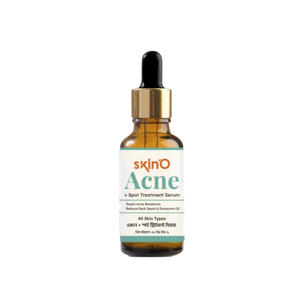 Amber glass dropper bottle labeled SkinO Acne spot treatment serum on white background.