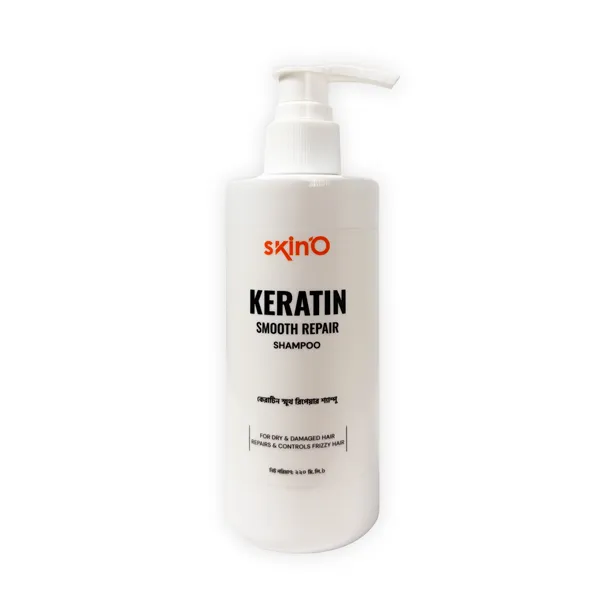 White bottle of SkinO Keratin Smooth Repair Shampoo with a pump dispenser.