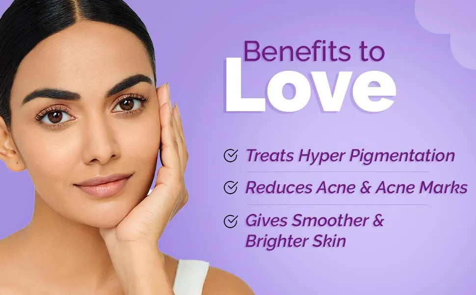 Woman touching her face with benefits of skincare listed on a purple background.
