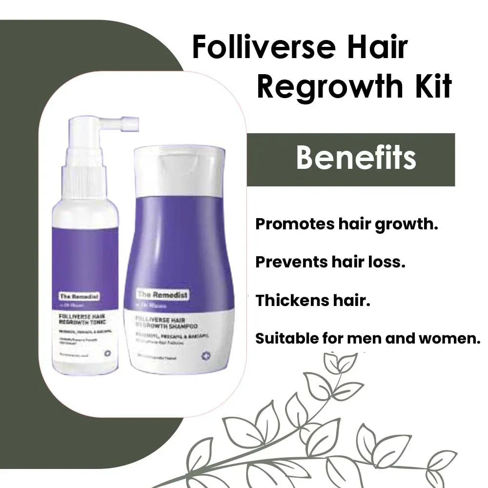 Two Folliverse Hair Regrowth Kit bottles with purple and white labels on a green and white background.