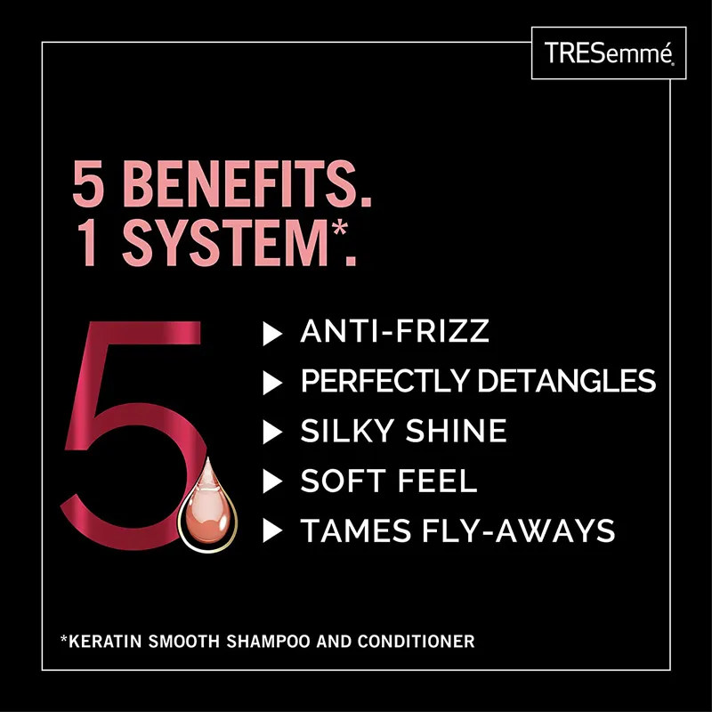 TRESemmé graphic listing five hair care benefits on a black background.