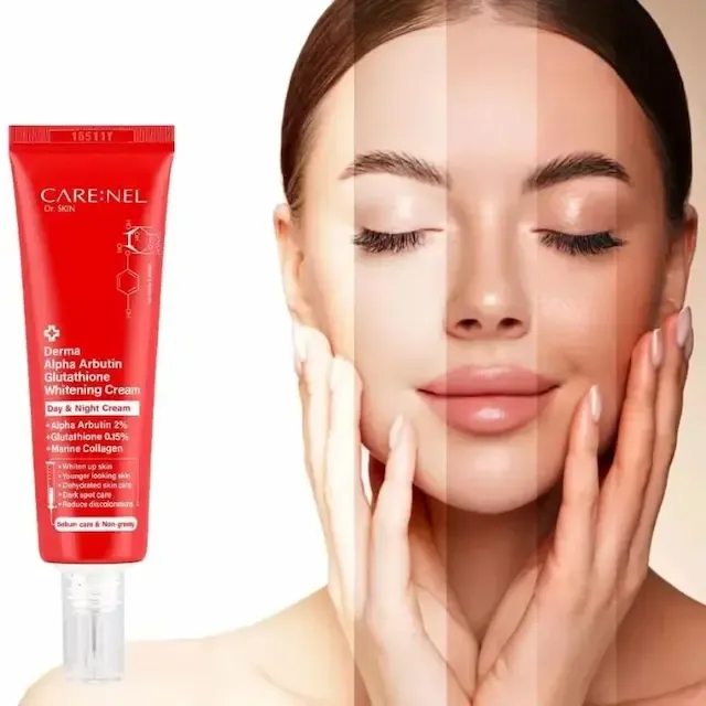 Woman touching her face with eyes closed beside a red CareNel skincare product tube.