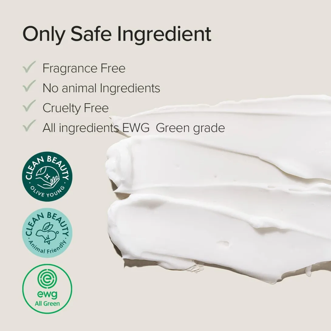 White skincare cream smear beside clean beauty certification logos on a beige background.