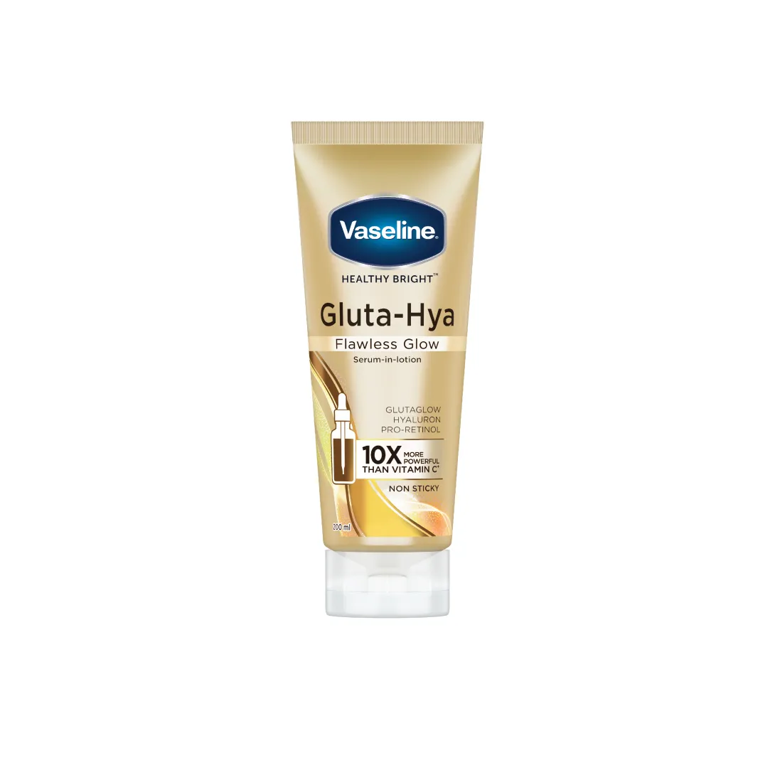 Vaseline Gluta-Hya gold tube with blue and gold accents on a white background.
