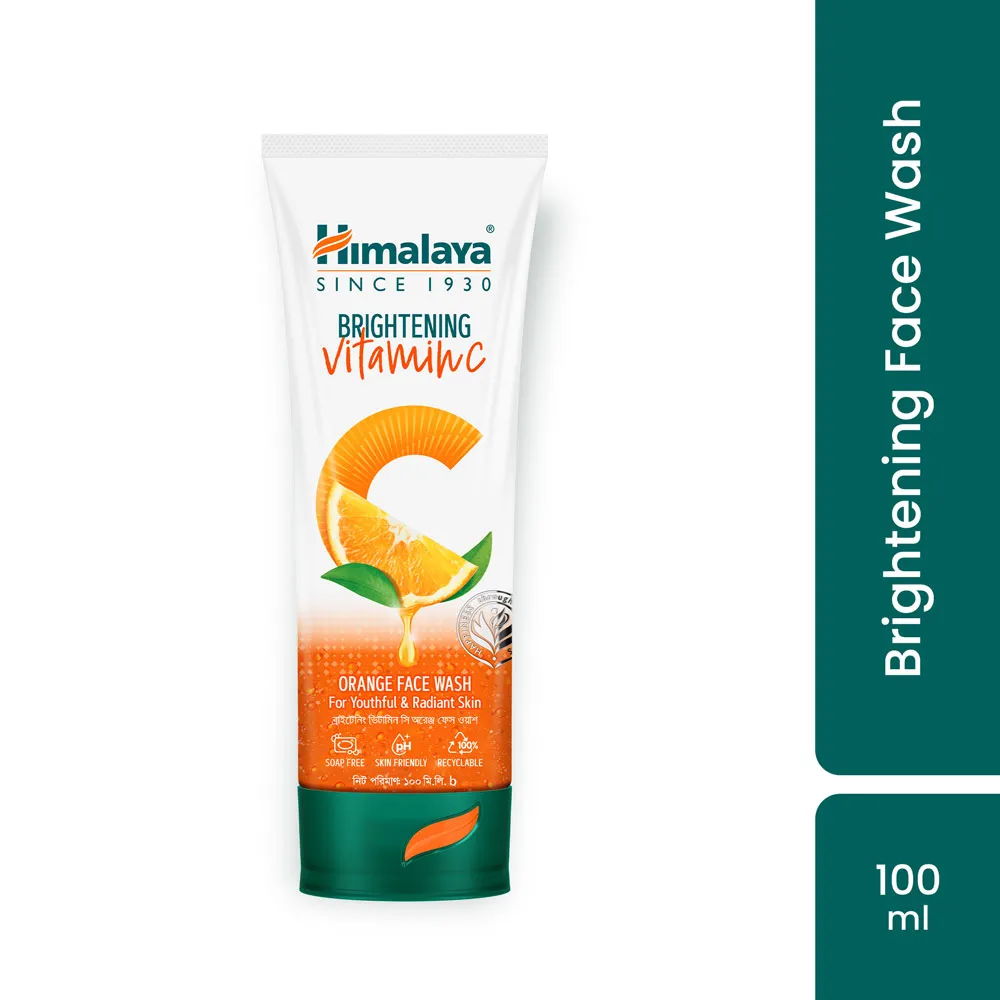 Himalaya Brightening Vitamin C face wash tube with orange graphics, 100 ml size.