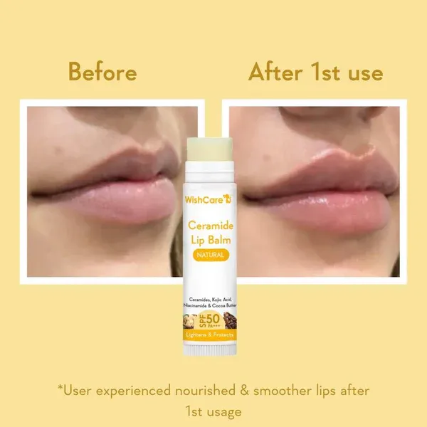 Close-up of lips before and after using ceramide lip balm, showing improved smoothness.