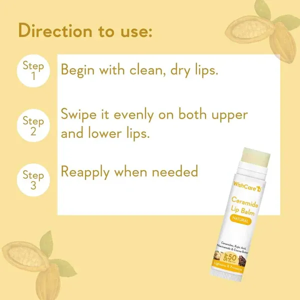 Lip balm tube with step-by-step usage instructions on a yellow background with leaf accents.