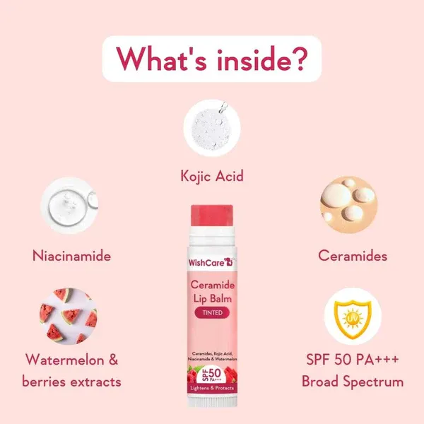 Ceramide lip balm packaging with key ingredients shown: kojic acid, niacinamide, ceramides, SPF 50.