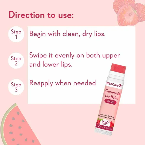 Watermelon lip balm tube next to step-by-step usage directions on a pink background.