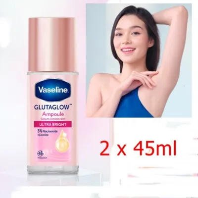 Vaseline GlutaGlow serum bottle next to a smiling woman showing her underarm.