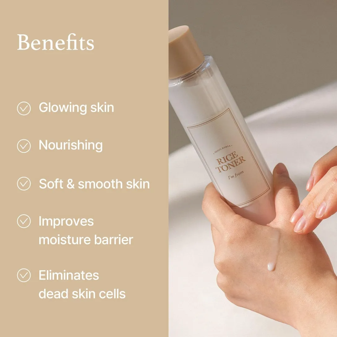 Hand holding clear skincare bottle against neutral background, benefits listed on left side.